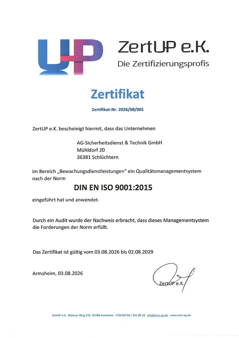 Zertifikat DIN EN ISO 9001:2015 der AG-Sicherheitsdienst & Technik GmbH